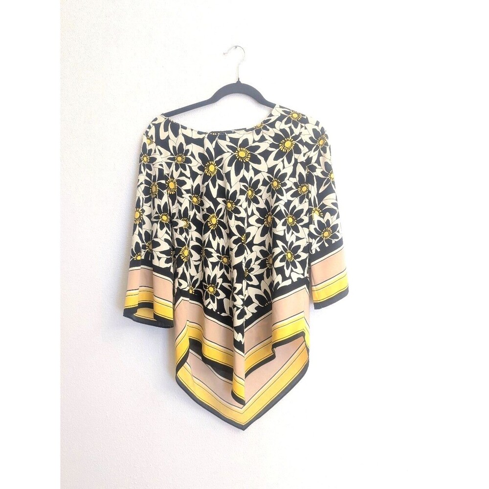 Alfani Floral Handkerchief Hem Blouse Small Black White Yellow Bell Sleeve Top
